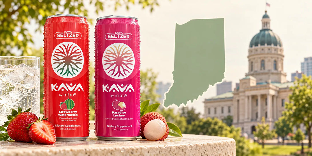 Mitra9 Kava Seltzer cans beside an Indiana state outline with the Statehouse in the background.