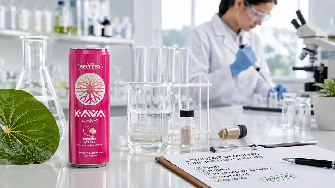 Kava by Mitra9 Paradise Lychee Kava Seltzer in a laboratory setting with third-party testing equipment and certificate of analysis.