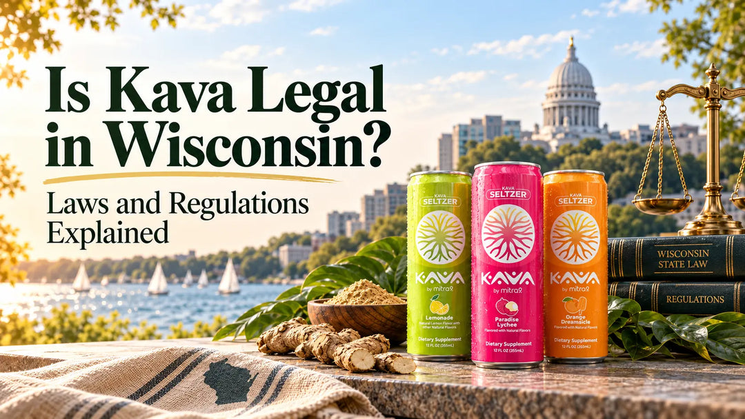Kava by Mitra9 Lemonade, Paradise Lychee, and Orange Dreamsicle seltzer cans displayed with kava roots, Wisconsin State Capitol, and legal scales illustrating kava laws and regulations in Wisconsin.