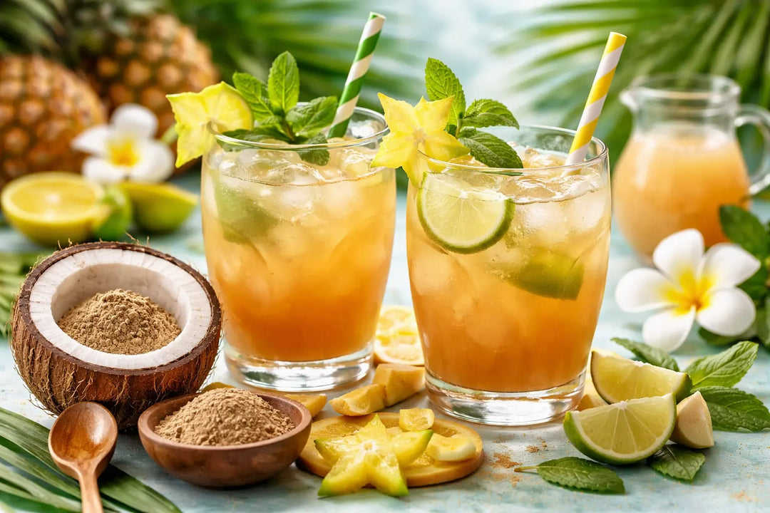 Tropical kava mocktail recipe featuring two non-alcoholic drinks with lime, pineapple, mint, and kava powder, styled as a refreshing buzz-free alternative to alcohol