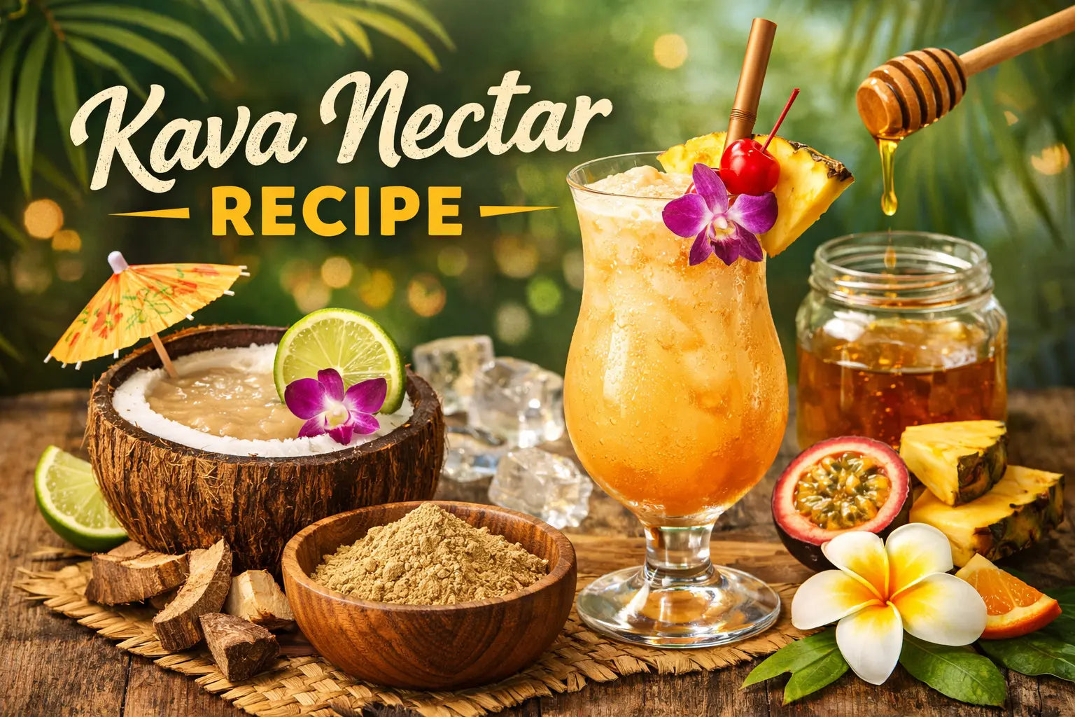 Tropical kava mocktail made with kava drink mix, fruit, and honey for a refreshing non alcoholic functional beverage