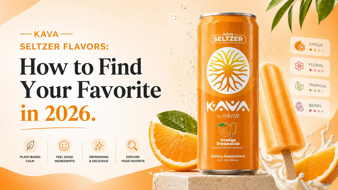 Kava Orange Dreamsicle Seltzer surrounded by fresh orange slices, citrus bubbles, and creamy popsicle accents for a 2026 kava seltzer flavor guide.