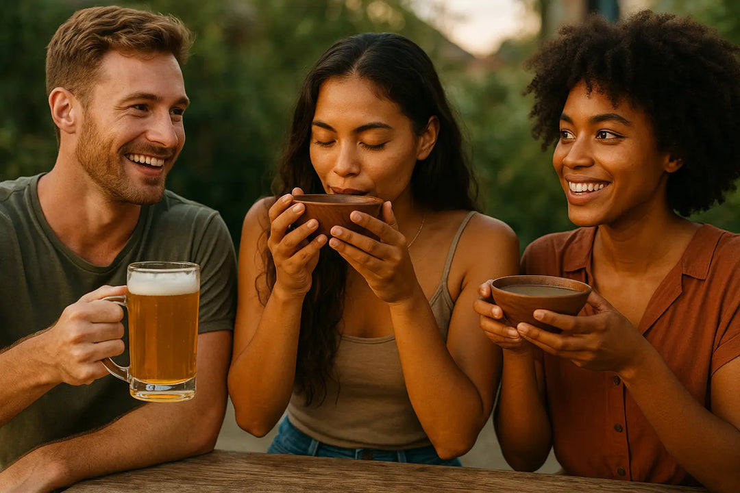 Group of friends drinking traditional Kava from wooden bowls during a relaxed outdoor gathering, highlighting Kava’s calming social benefits