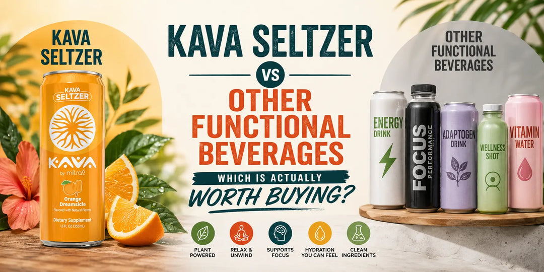 Kava by Mitra9 Orange Dreamsicle Kava Seltzer compared with other functional beverages, highlighting plant-based relaxation, clean ingredients, hydration, and wellness benefits in a side-by-side buying guide.