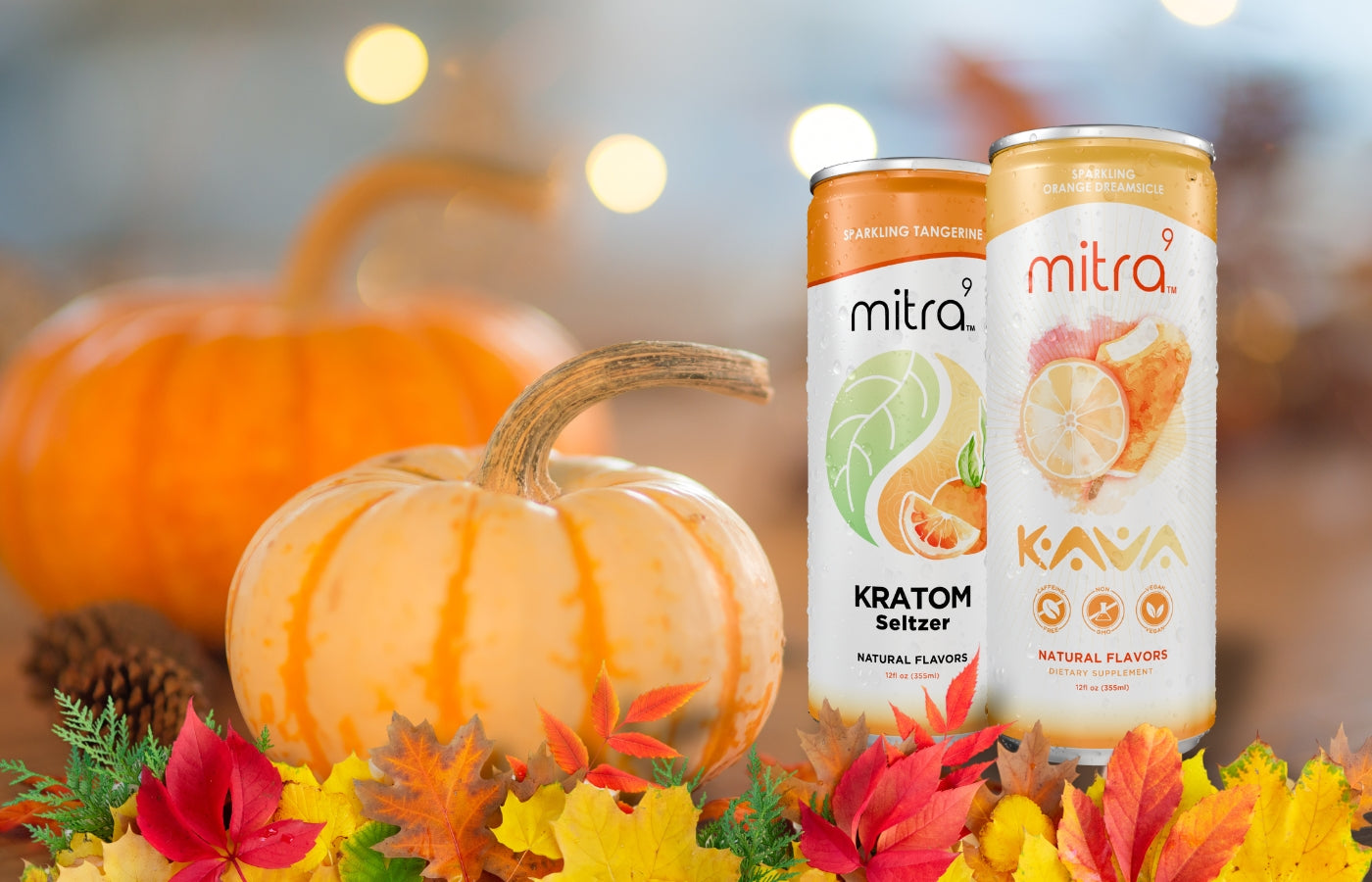Thanksgiving Kratom Kava Drinks on table pumpkin and fall leaves