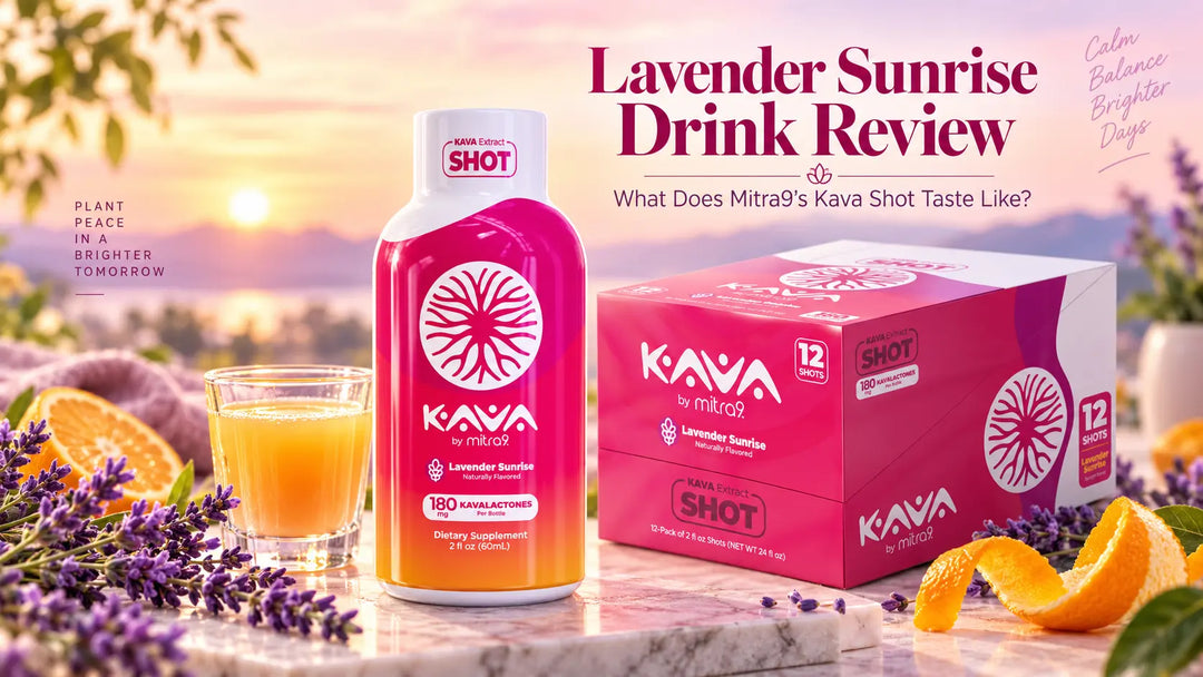 Lavender Sunrise Kava Shot drink review featuring Mitra9’s Lavender Sunrise kava shot, 12-pack box, lavender flowers, citrus, and a poured shot at sunset.