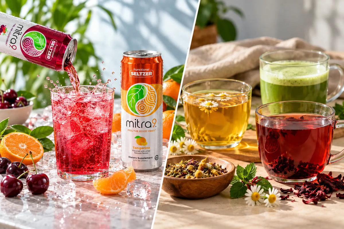 Mitra9 functional seltzers compared with botanical drinks, featuring Black Cherry and Tangerine functional beverages alongside herbal teas and plant-based ingredients.