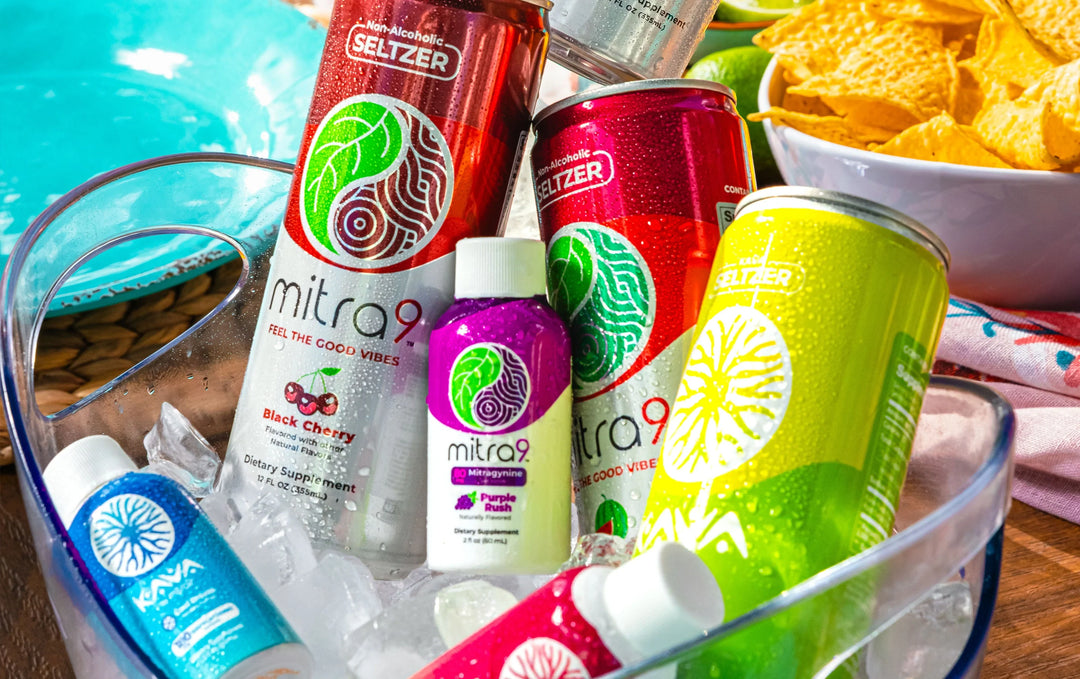 Mitra9 functional drinks ice bucket kava soda and kratom seltzer cans with mitragynine shots variety refreshing beverage display Black Cherry Citrus Sun Purple Rush flavors