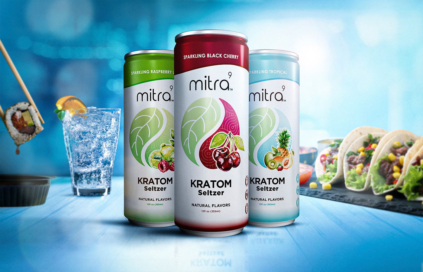 Non Alcoholic Kratom Seltzers with Sushi and Tacos