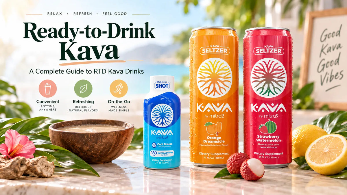 Ready-to-drink kava guide featuring Mitra9 Cool Breeze Kava Shot, Orange Dreamsicle Kava Seltzer, and Strawberry Watermelon Kava Seltzer in a tropical setting.
