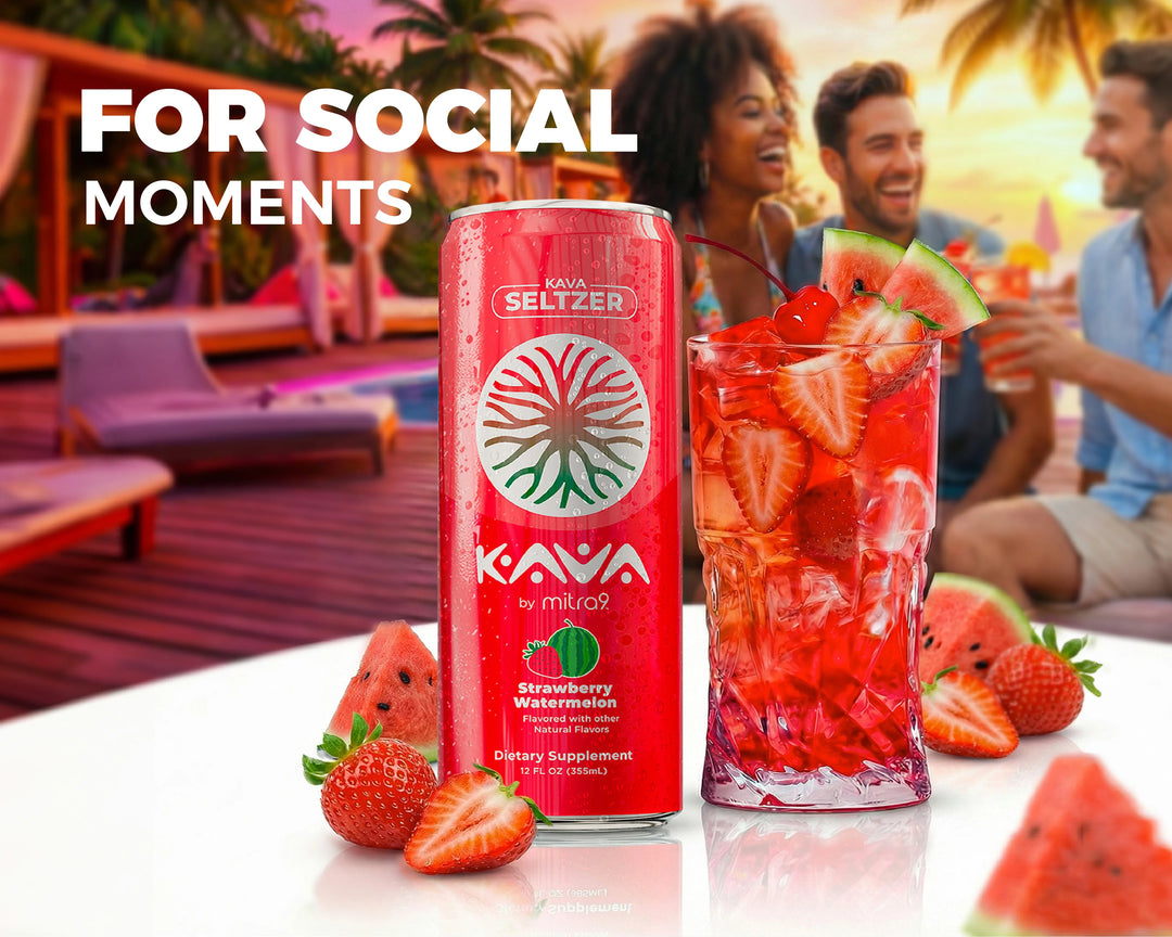 Strawberry Watermelon Mitra9 Kava Seltzer displayed beside a fruit-filled mocktail at a tropical poolside gathering, showcasing a refreshing functional beverage for social occasions and alcohol-free relaxation.