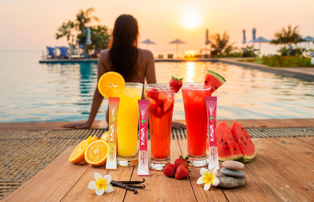 Tropical kava drink mixes displayed in refreshing fruit beverages by a pool at sunset, illustrating the relaxing, alcohol-free effects of drinking kava for calm and stress relief