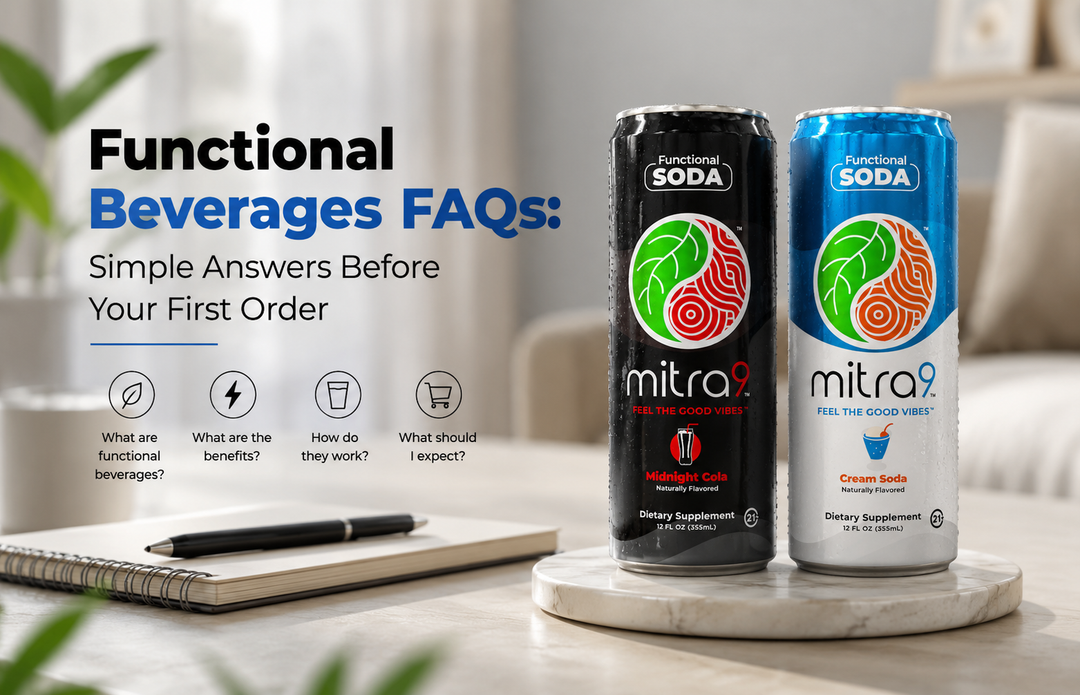 Functional beverages FAQ guide featuring Mitra9 functional soda drinks, including Midnight Cola and Cream Soda flavors.