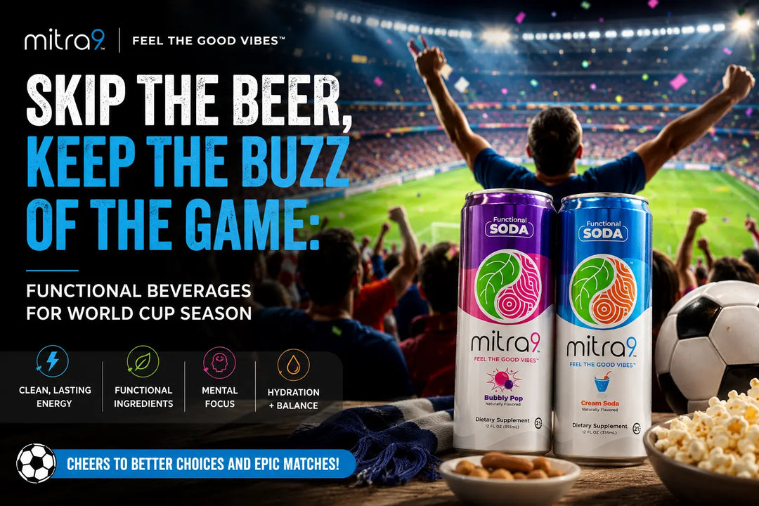 Mitra9 Functional Soda Bubbly Pop and Cream Soda cans displayed in a soccer stadium during a World Cup match, promoting functional beverages as a beer alternative for game day with clean energy, mental focus, hydration, and functional ingredients.