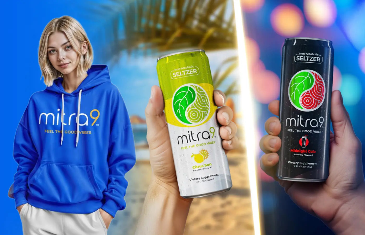 Model Wearing Mitra9 Hoodie Citrus Sun and Midnight Cola New Product Launch