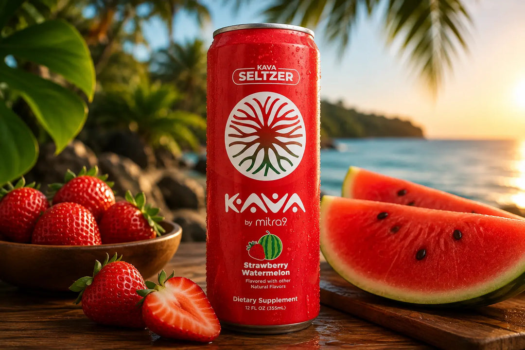 Kava by Mitra9 Strawberry Watermelon Kava Seltzer with fresh strawberries and watermelon in a tropical beach setting.