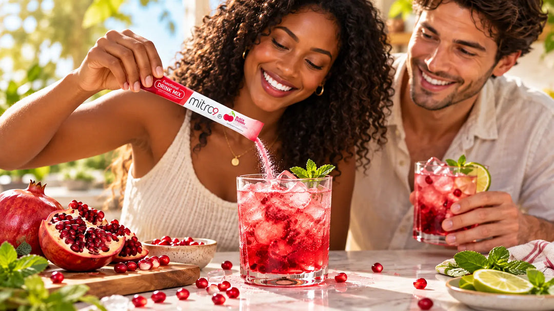 Woman pouring Mitra9 Black Cherry Functional Drink Mix into a refreshing pomegranate mocktail with ice and fresh mint, a man enjoys a vibrant red mocktail beside her.