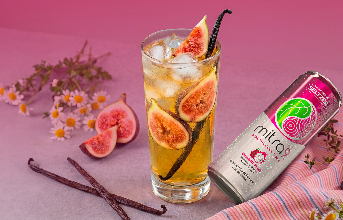 Non-alcoholic functional seltzer drink with fig slices and vanilla, featuring a Mitra9 non-alcoholic seltzer can styled as a buzz-free alternative to alcohol, shown in a modern lifestyle setting