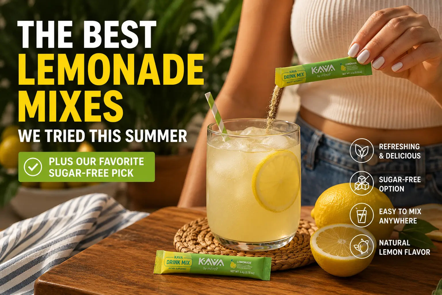 Person pouring Mitra9 Lemonade Kava Drink Mix into a glass of iced lemonade, showcasing a sugar-free functional beverage for summer refreshment and relaxation.