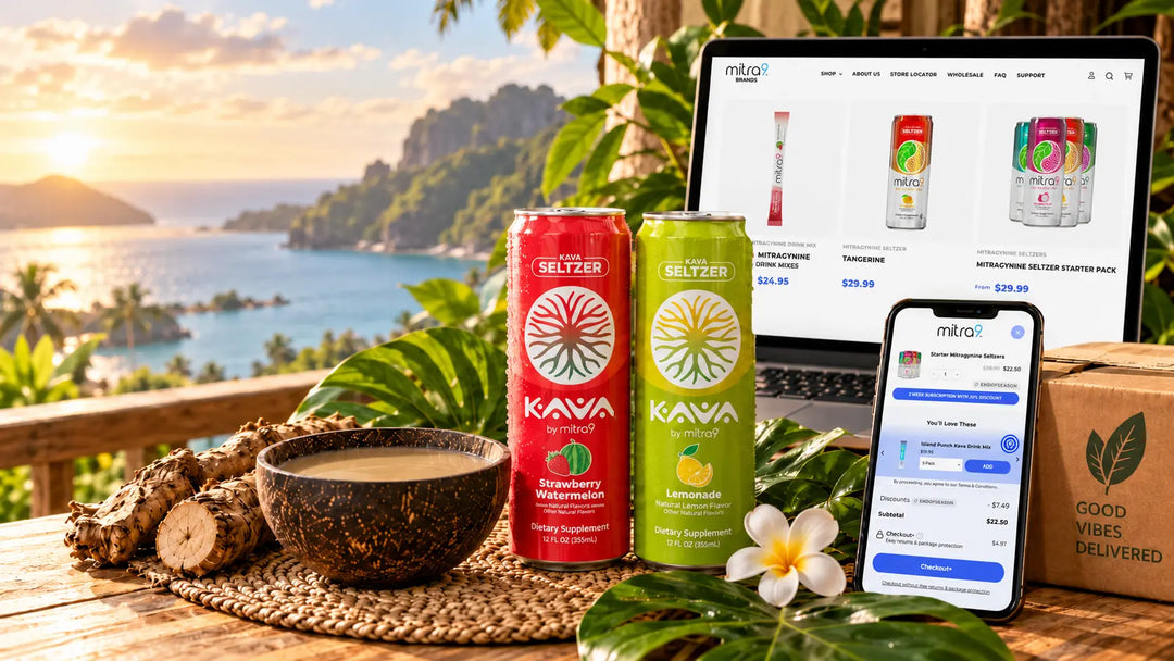 Kava by Mitra9 Strawberry Watermelon and Lemonade Seltzers displayed alongside kava roots, a traditional kava bowl, and Mitra9’s online store on a laptop and mobile checkout screen, highlighting how to buy kava online.