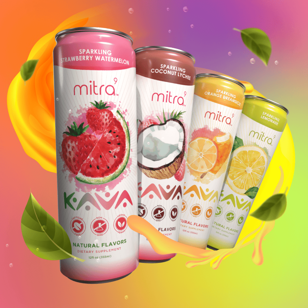 Mitra9 4 Kava Extract Drink Flavors; Lemonade, Strawberry Watermelon, Coconut Lychee, and Orange Dreamsicle.