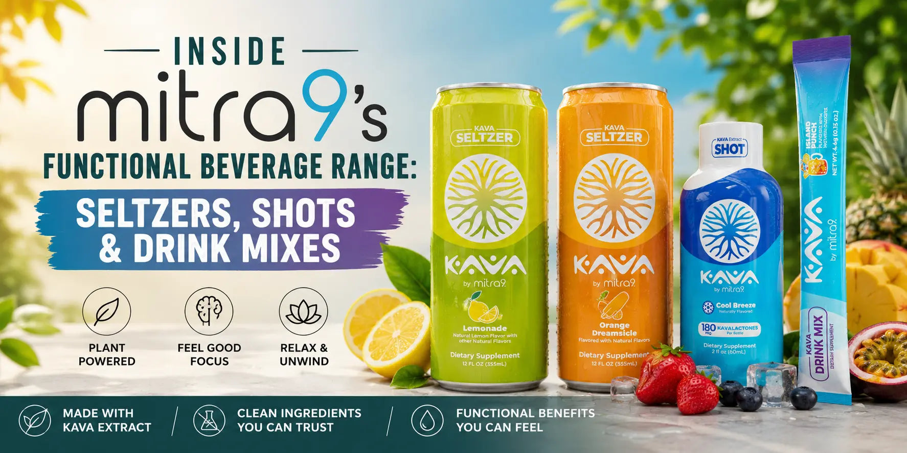 Mitra9 functional beverage lineup featuring Kava Seltzers, Kava Shot, and Kava Drink Mix, showcasing plant-powered wellness products for relaxation, focus, and everyday functional support