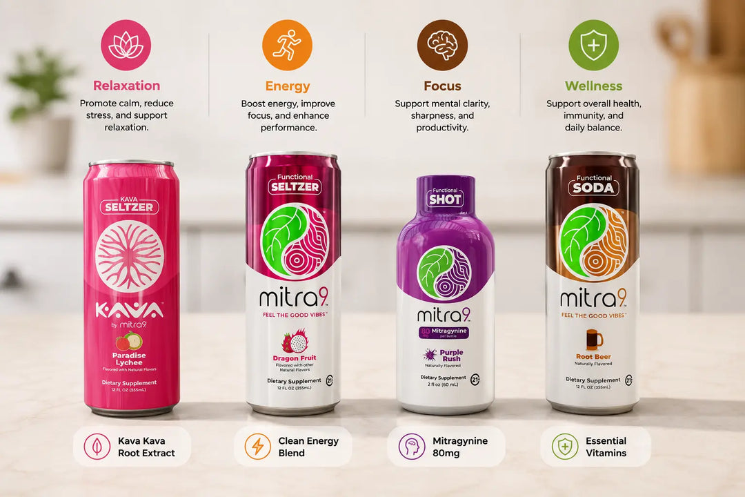 Different types of functional beverages featuring Kava Seltzers, functional sodas, and wellness shots