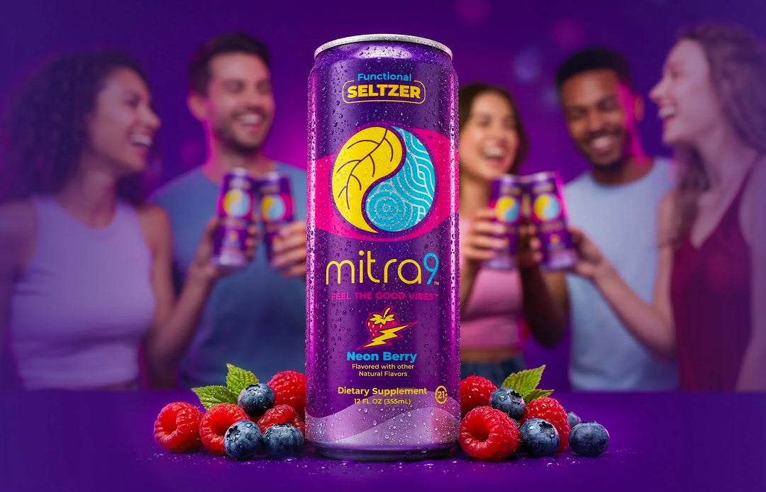 Mitra9 Neon Berry Mitragynine functional seltzer can with mixed berries, non-alcoholic botanical soda for social relaxation, refreshing kava-style drink alternative