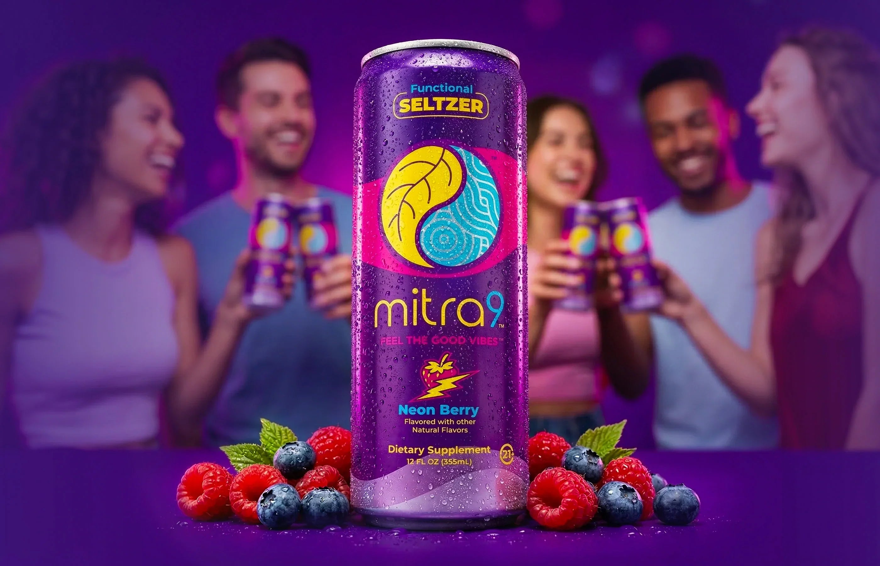 Mitra9 Neon Berry Mitragynine functional seltzer can with mixed berries, non-alcoholic botanical soda for social relaxation, refreshing kava-style drink alternative