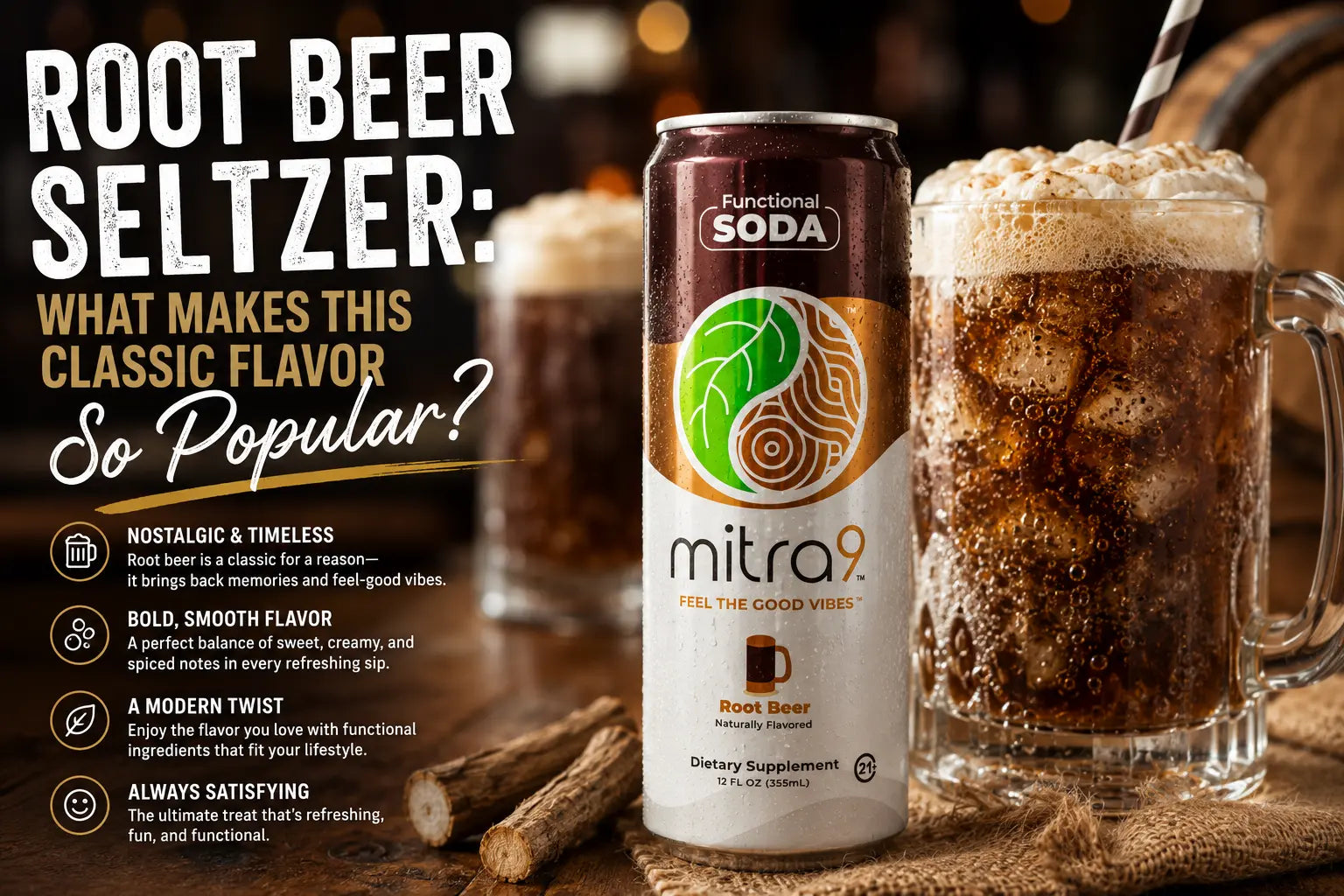 Mitra9 Root Beer Functional Soda beside a frosty mug of root beer with ice, showcasing a nostalgic root beer flavor in a premium lifestyle setting for relaxation and everyday wellness.