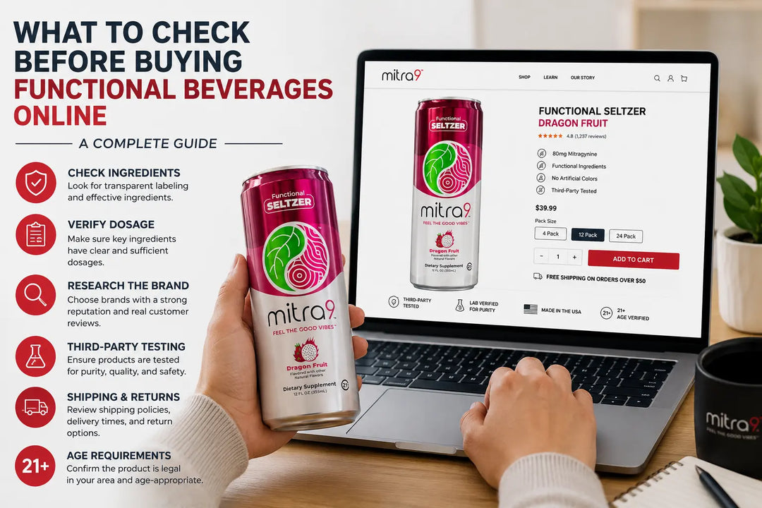 Consumer reviewing a functional beverage online, highlighting ingredients, dosage transparency, third-party testing, reviews, shipping policies, and product quality before purchase.