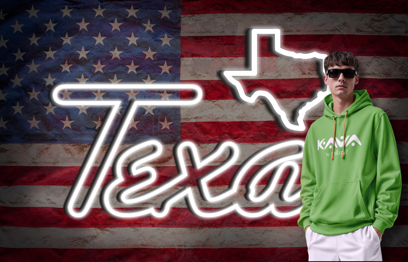 Man Kava Hoodie Standing in front of Texas Glow Sign