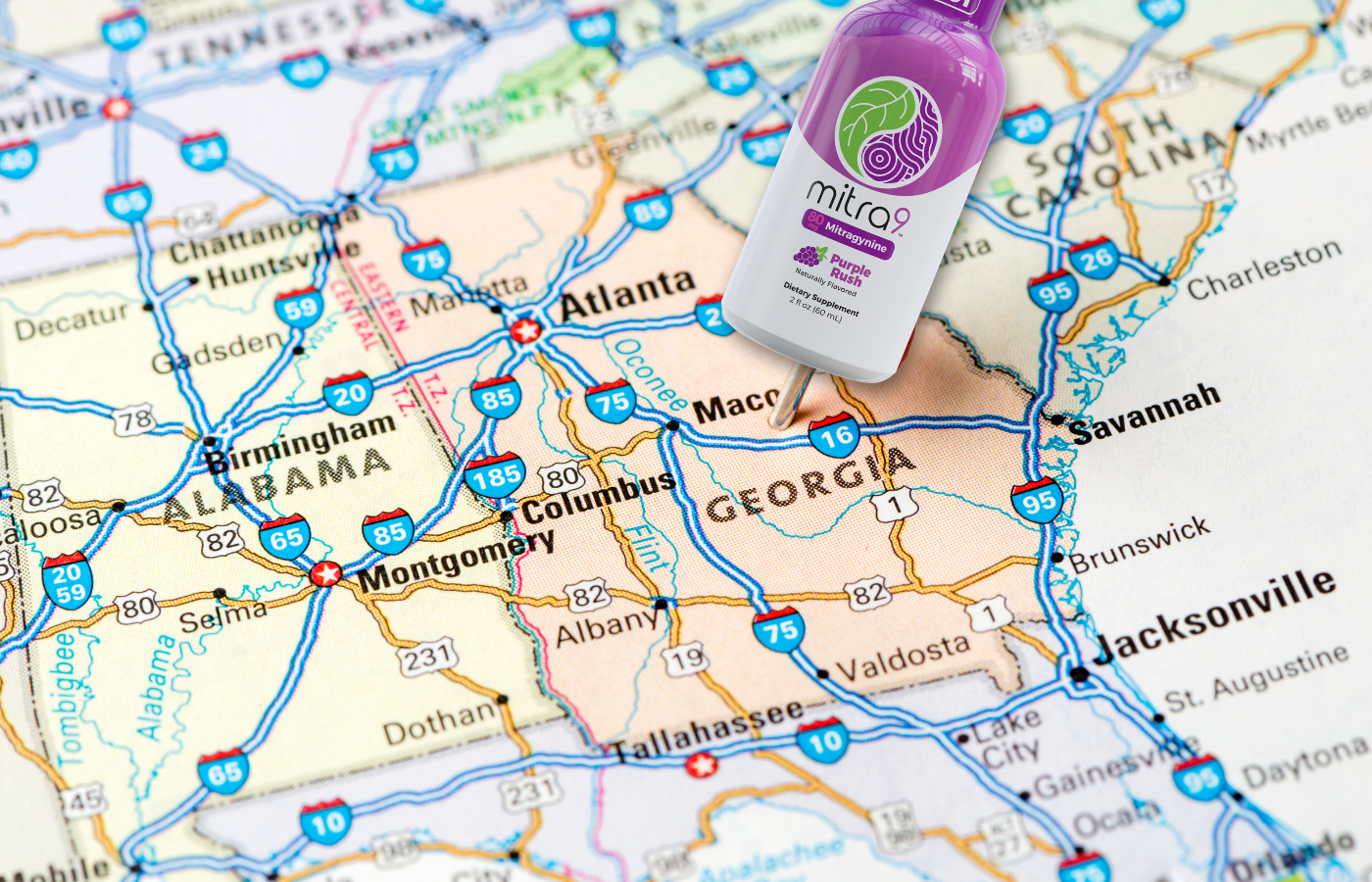 Southeast United States Map centered on Georgia Kratom Shot GPS Pin