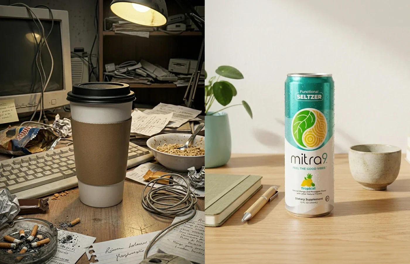 Before and after comparison of caffeine lifestyle vs Mitra9 functional seltzer, showing messy desk with coffee and cigarettes contrasted with clean workspace and Mitra9 tropical functional drink can for a balanced lifestyle alternative