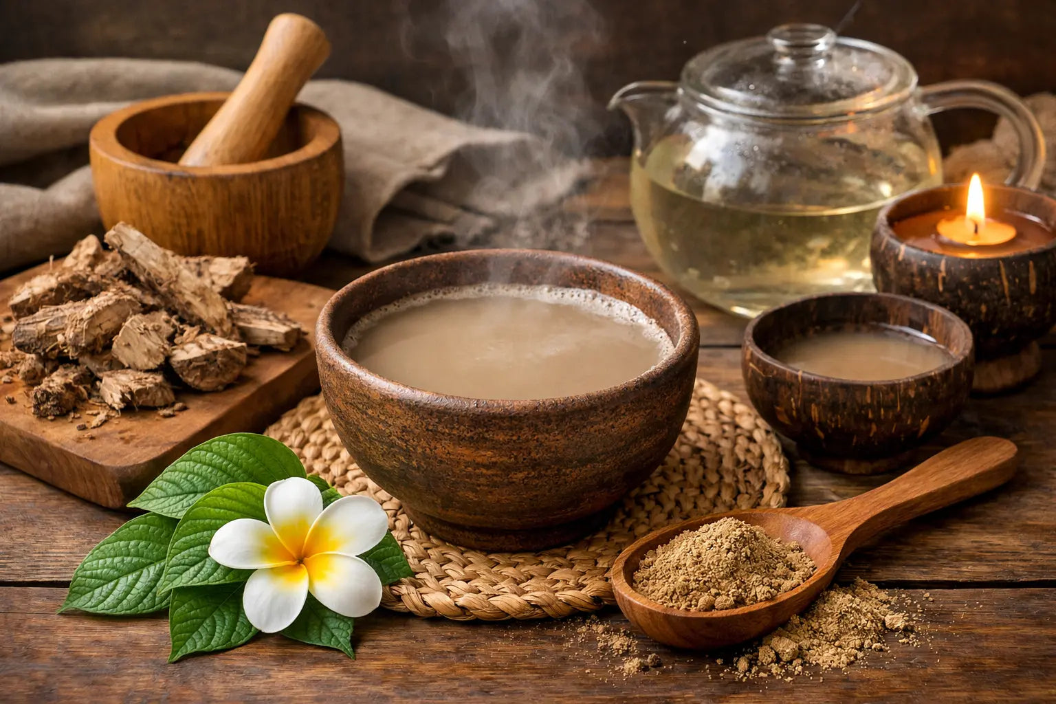Traditional kava drink prepared with kava root powder in a wooden bowl, surrounded by fresh kava roots, herbal tea, and calming wellness elements for a natural non alcoholic functional beverage