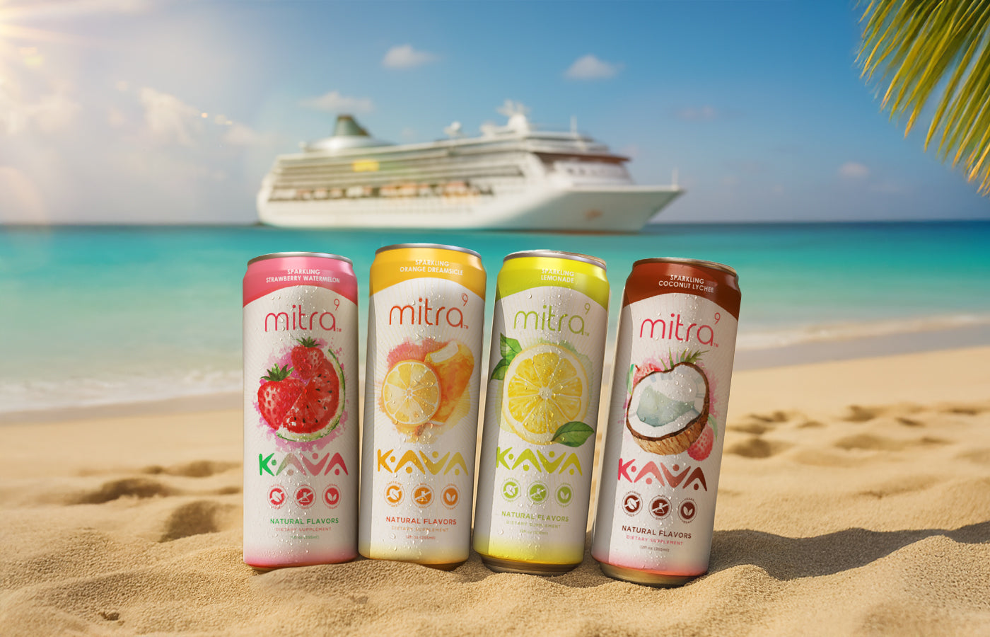 Virgin Cruise Kava Seltzers Drinks on Beach 