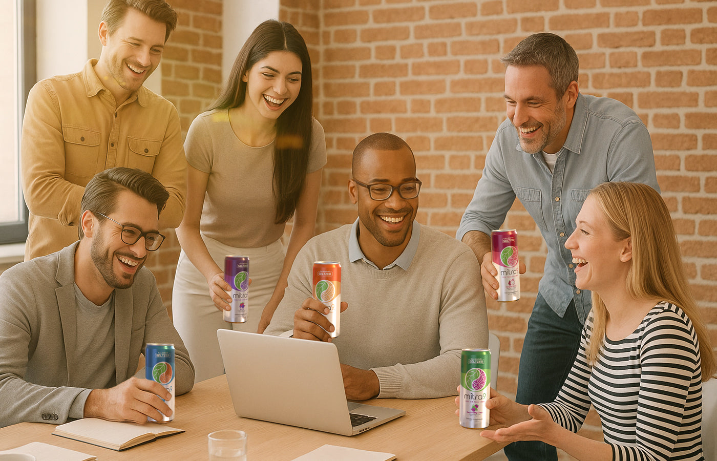 group working together drinking Non alcoholic seltzers