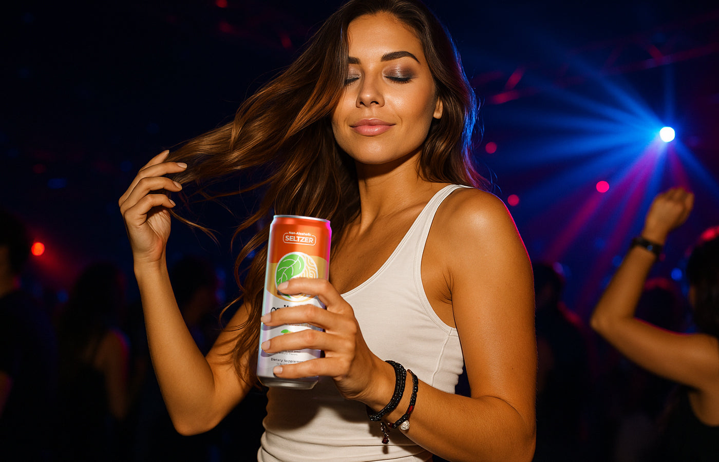 Woman Dancing Enjoying The Mood Boosting Moment Kratom Seltzer