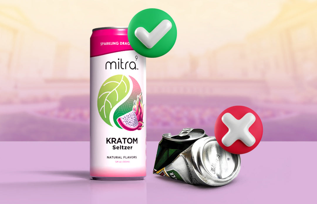 Mitra9 Kratom Seltzer can with a green checkmark next to a crushed can with a red X, symbolizing non alcohol