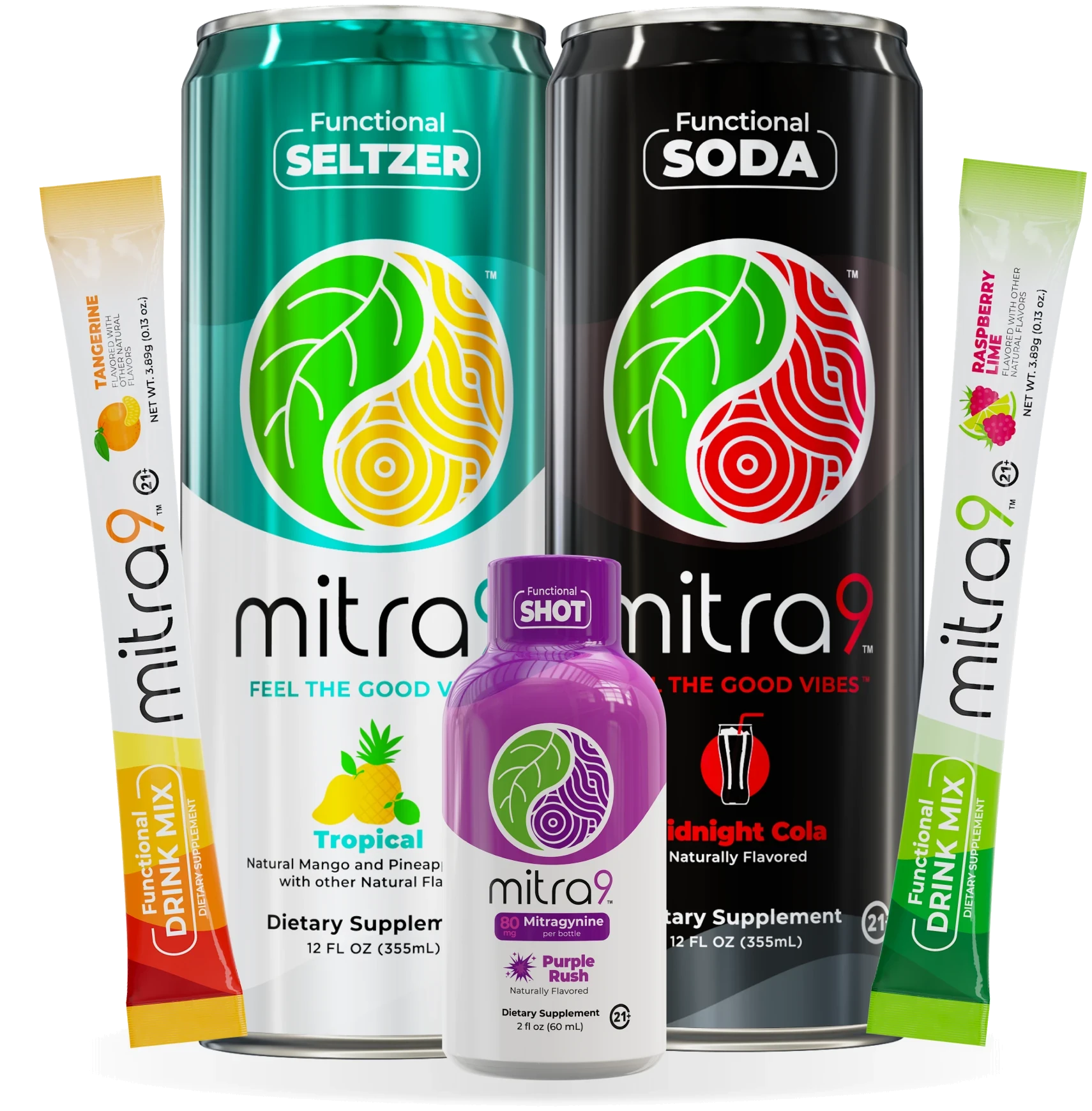 Mitra9 Functional Seltzer and Functional Soda with mitragynine drink mixes and shot