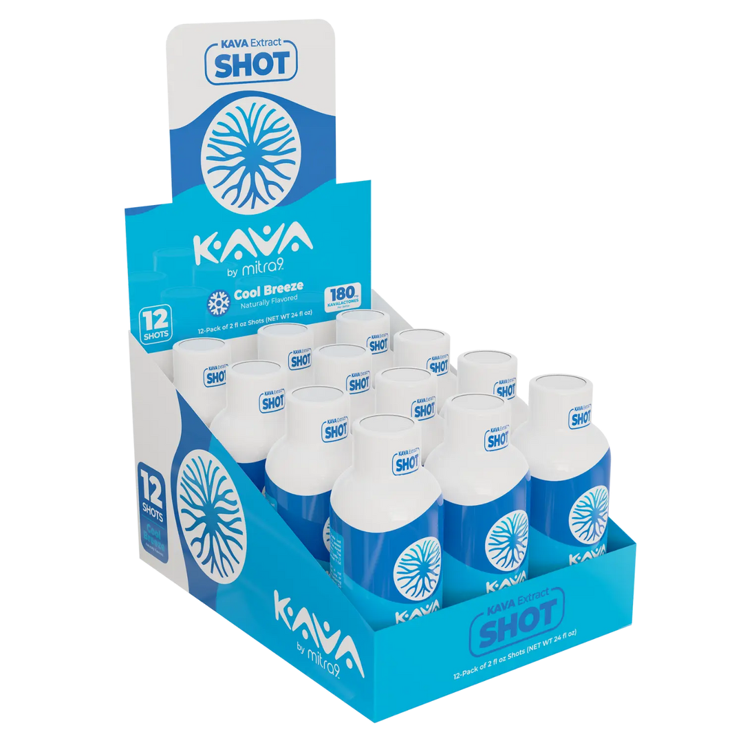 Display box of Kava Shot drinks with blue and white packaging.