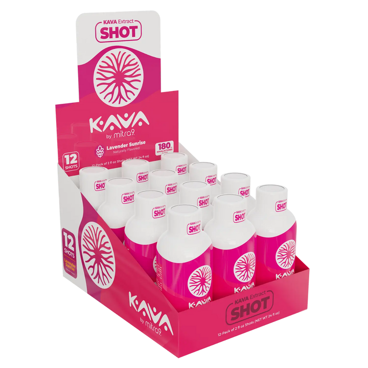 12 Pack Display of Kava Shot bottles with pinkish-red packaging