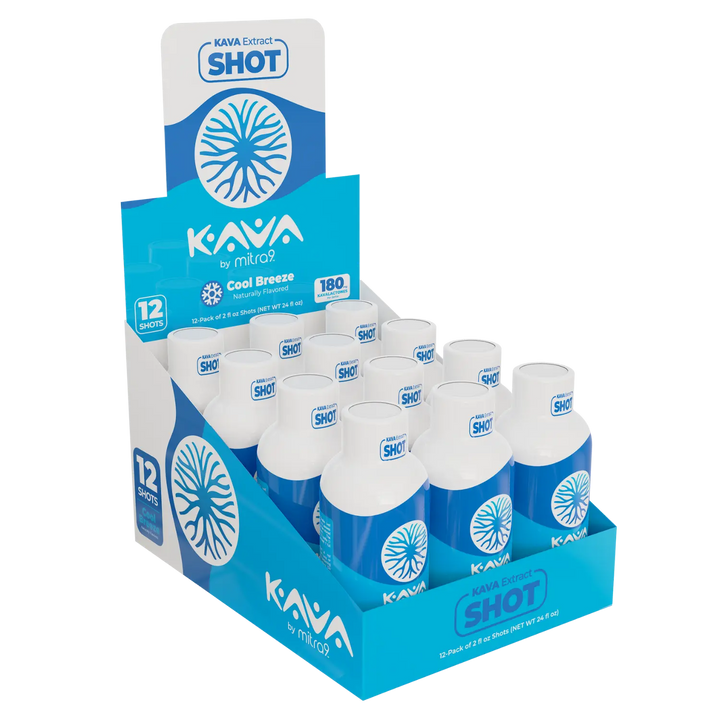 Display box of Kava Shot Cool breeze drinks with blue and white packaging.