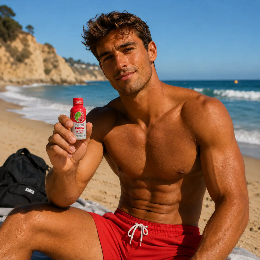 A shirtless man sitting on a beach holds up a functional MIT shot with a red and white label. He is wearing red swim trunks, with sand, ocean, and cliffs in the background.