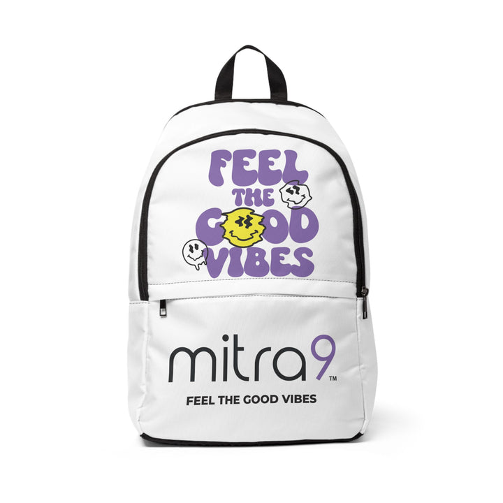 White backpack with 'mitra9' branding and 'Feel the Good Vibes' text on a white background