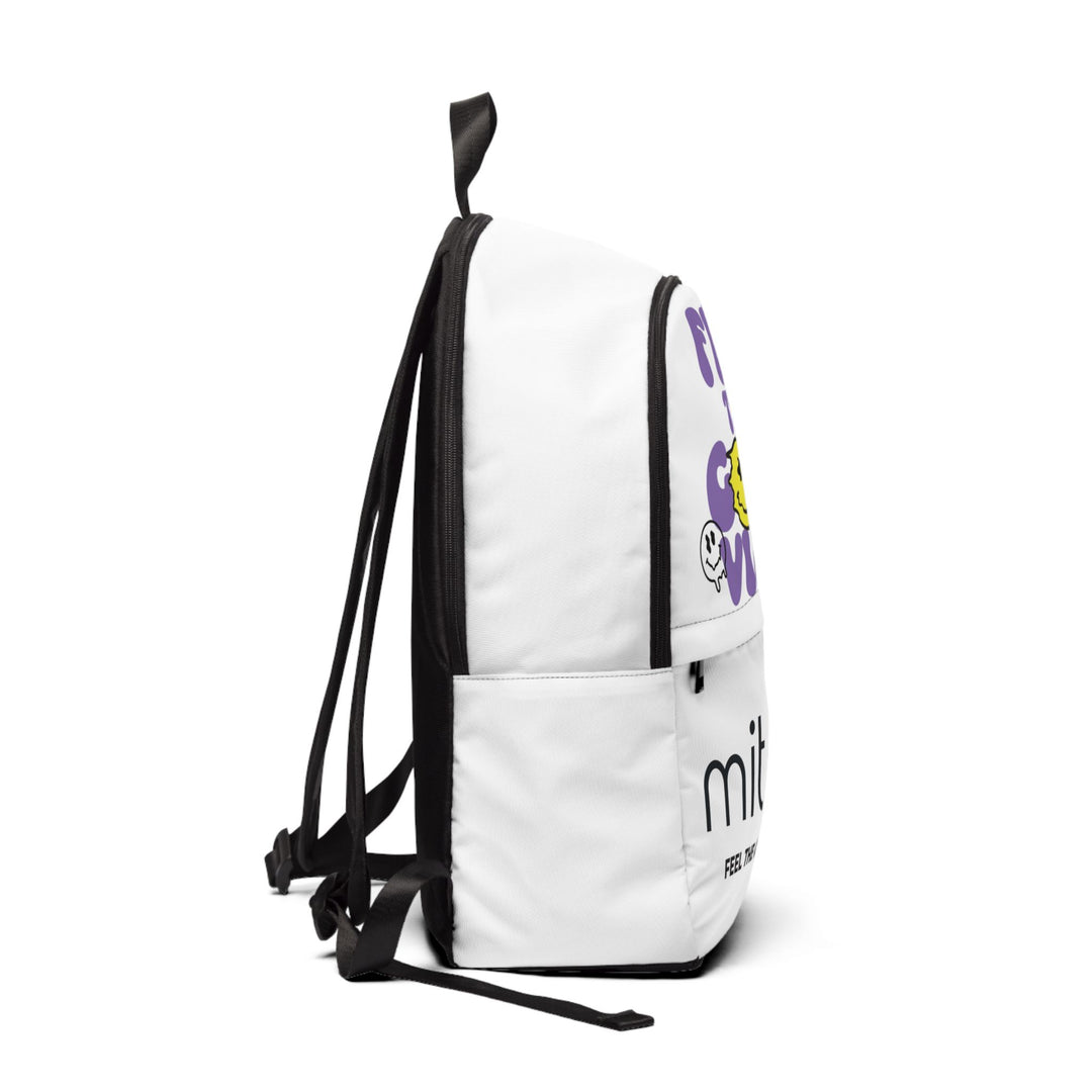 White backpack with black straps on a white background