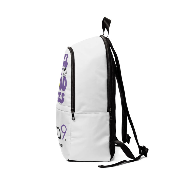 White backpack with black straps and purple text on a white background