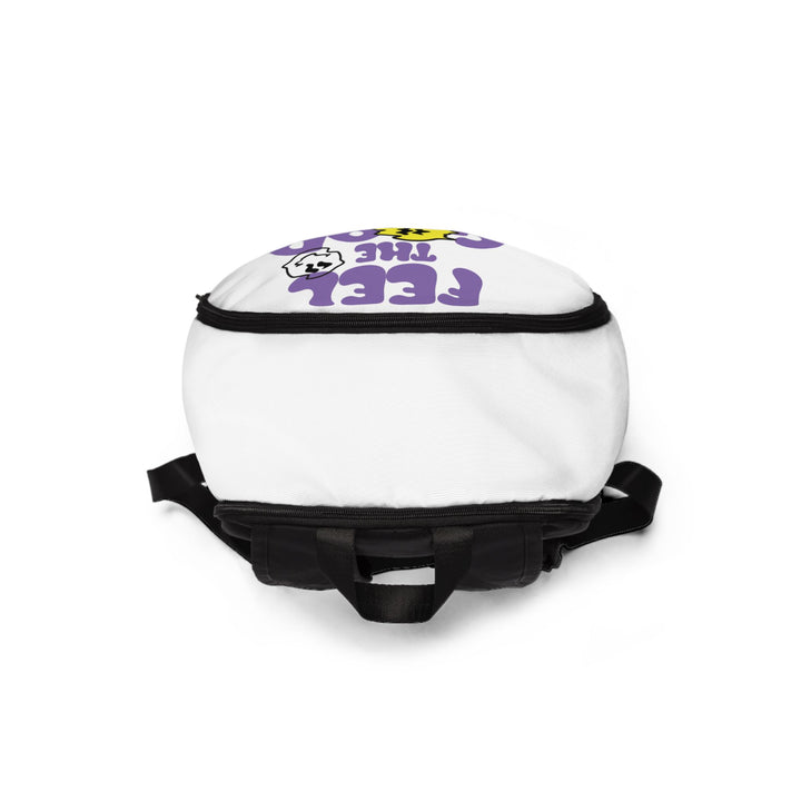 White backpack with black straps and purple text on a white background