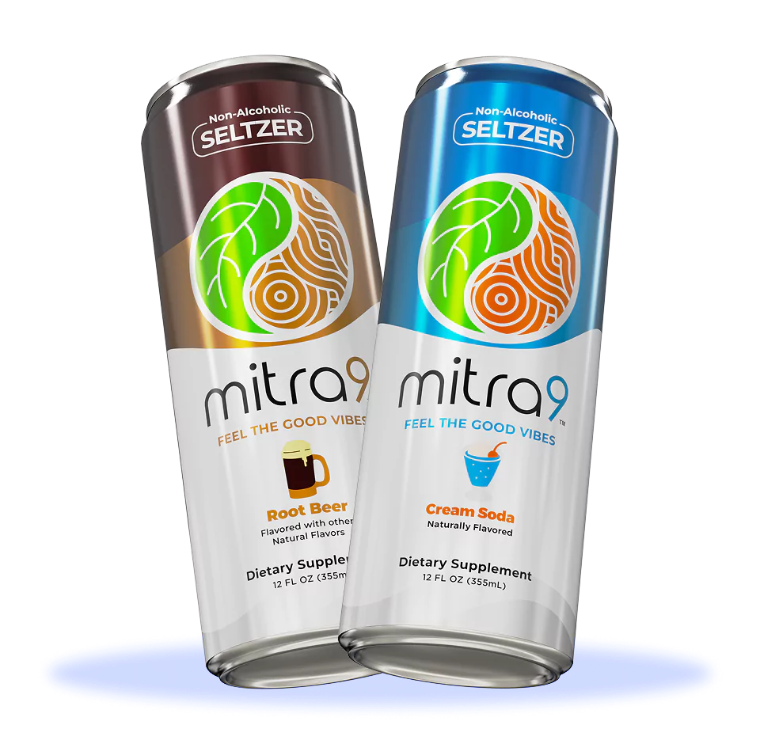 Two cans of mitra9 non-alcoholic seltzer on a white background