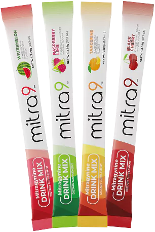 Four Mitra9 kratom extract drink mix packets in different flavors 